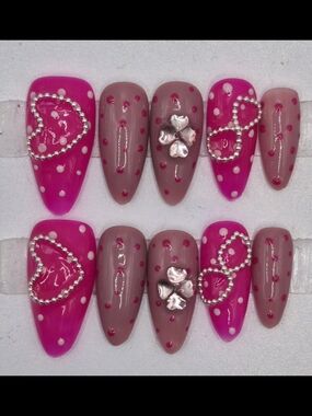 Small Almond Press On Nails Twin Hearts Enchanted Handmade Infinity Heart & Gems